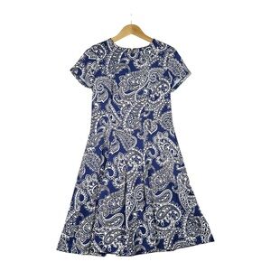 MICHAEL KORS Size 10 Pleated Blue‎ White Dress Short Sleeve Stretch Women's